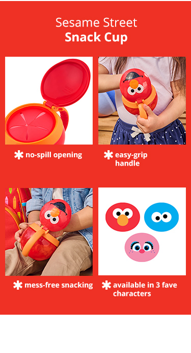 Skiphop x Sesame Street Snack Cup - Cookie Monster with no spill opening, easy grip handle, allows mess free snacking - available in 3 fave characters 