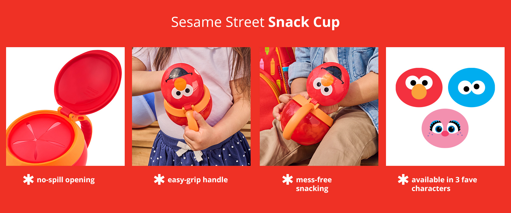 Skiphop x Sesame Street Snack Cup - Cookie Monster with no spill opening, easy grip handle, allows mess free snacking - available in 3 fave characters 