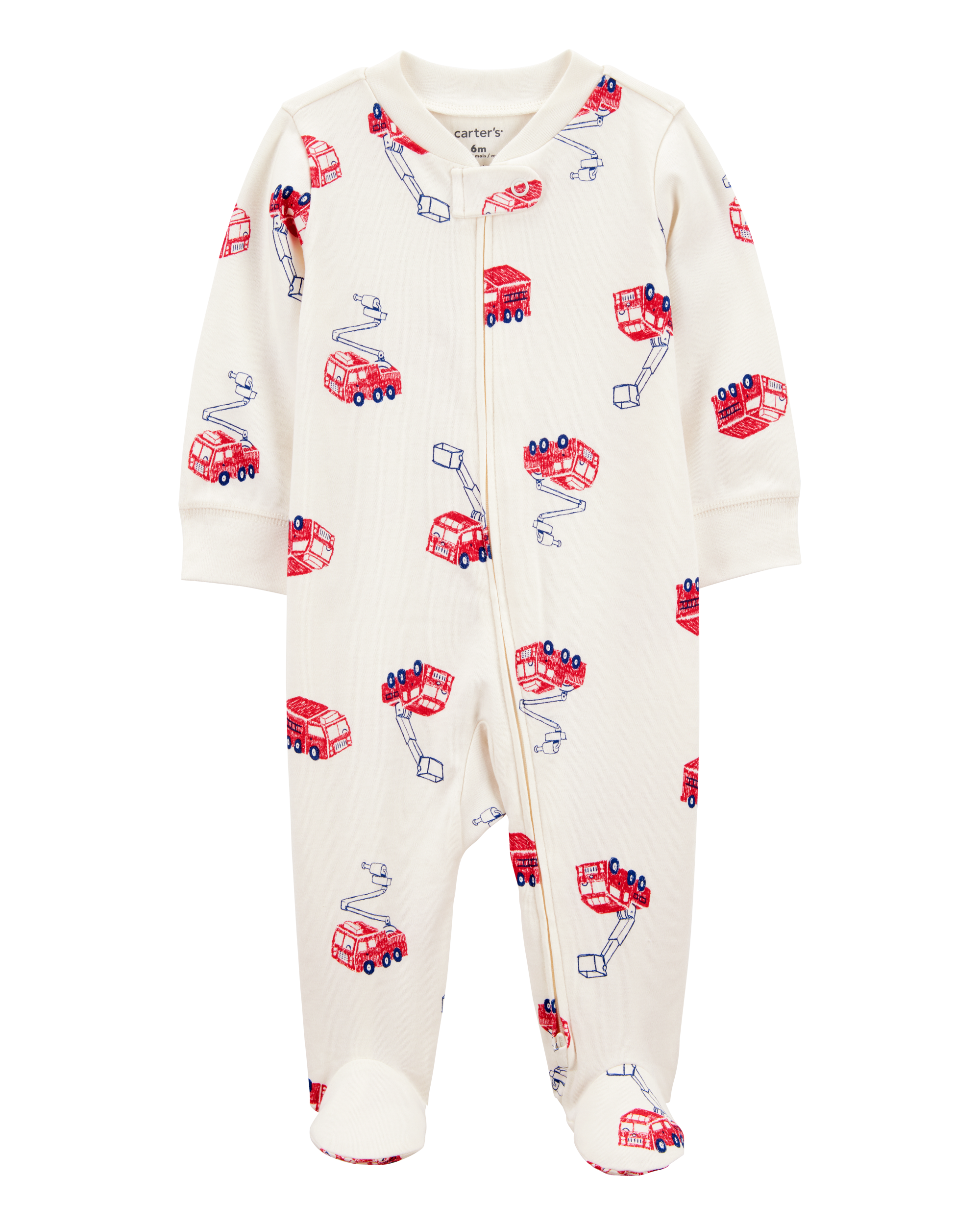 Baby Boy Fire Truck Print 2-Way Zip Cotton Sleep & Play Pajamas - Cream, image 1 of 3 slides