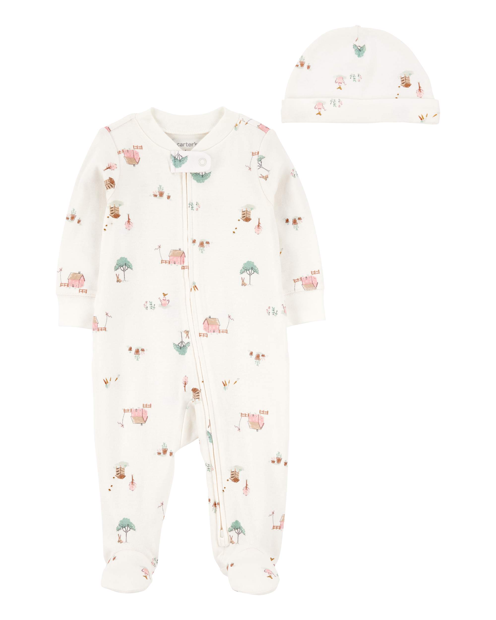 Baby 2-Piece Barn Print 2-Way Zip Sleep & Play & Headwrap Set - Ivory, image 1 of 3 slides