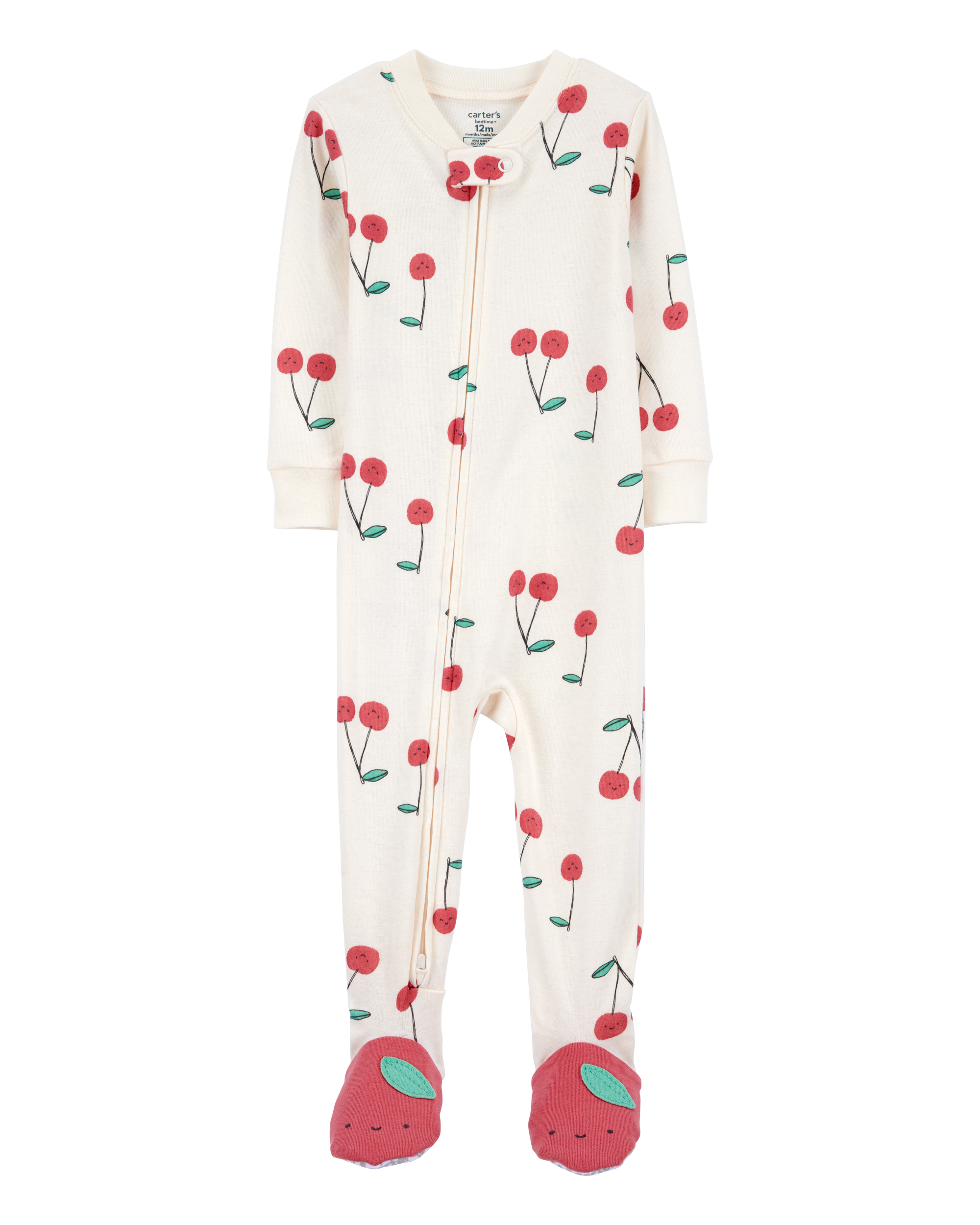Baby Girl Cherry Print Snug Fit Cotton Footie 1-Piece Pajamas - White, image 1 of 5 slides