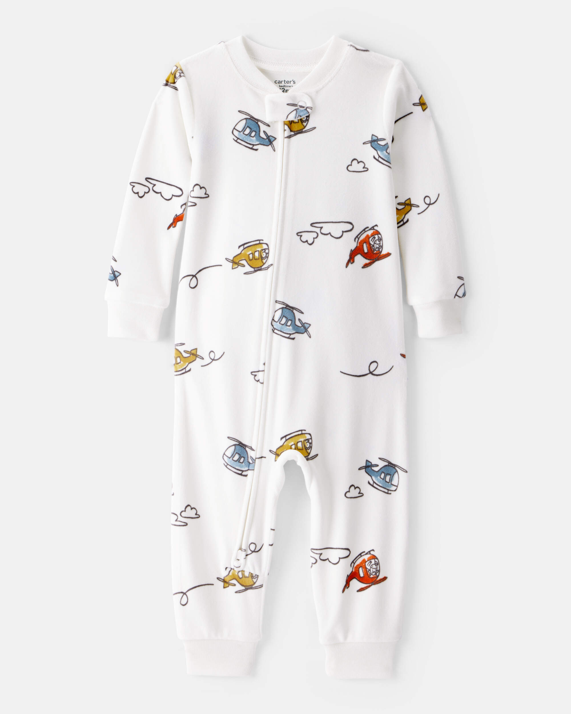 Baby Boy Helicopter Print Snug Fit Long-Sleeve 2-Way Zip 1-Piece Pajamas - White, image 1 of 4 slides