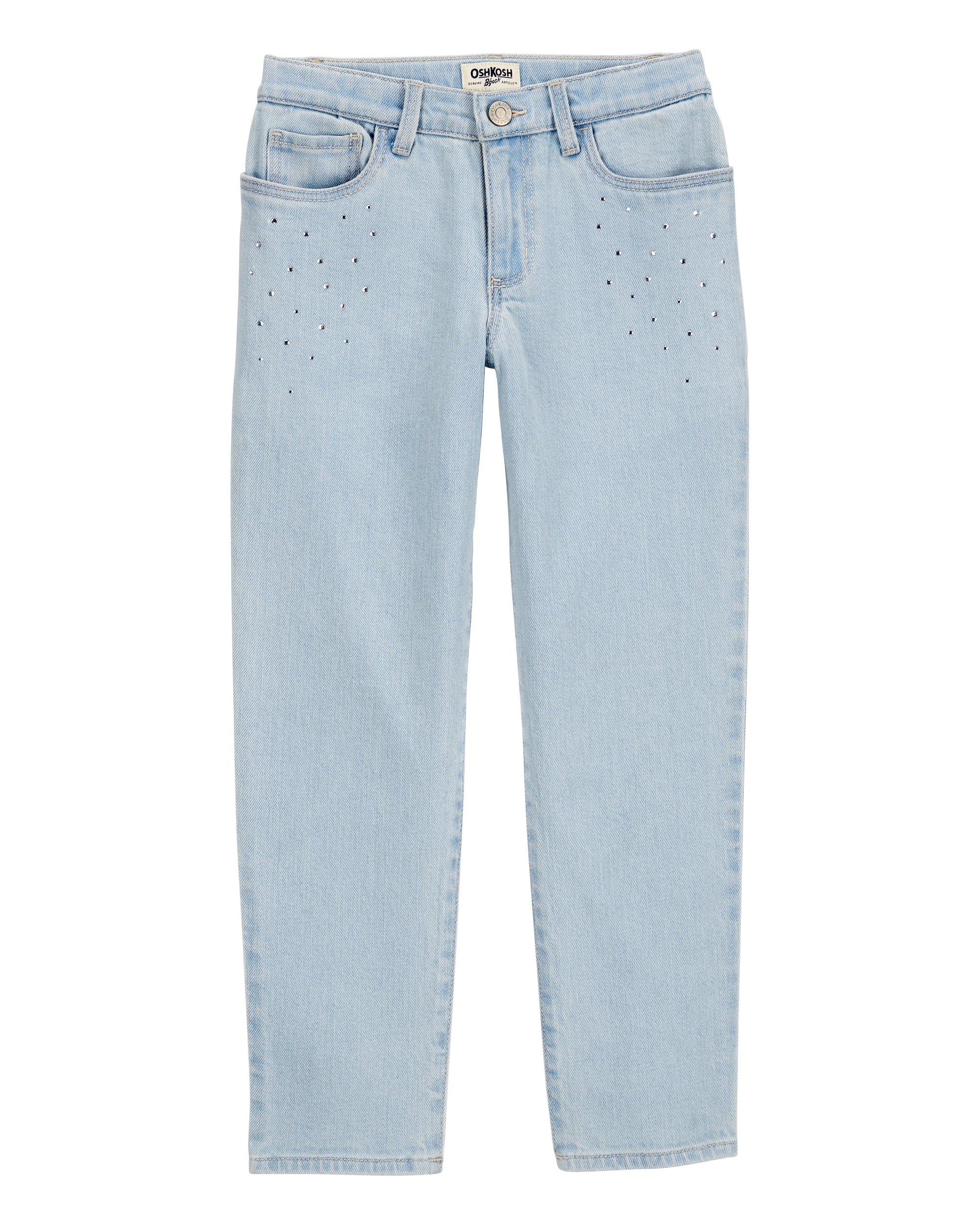 【DISCERNMENT】Kinder Tapered Cut Denim Pants Light Wash Kid Iconic Denim Girlfriend Jeans: Rhinestone