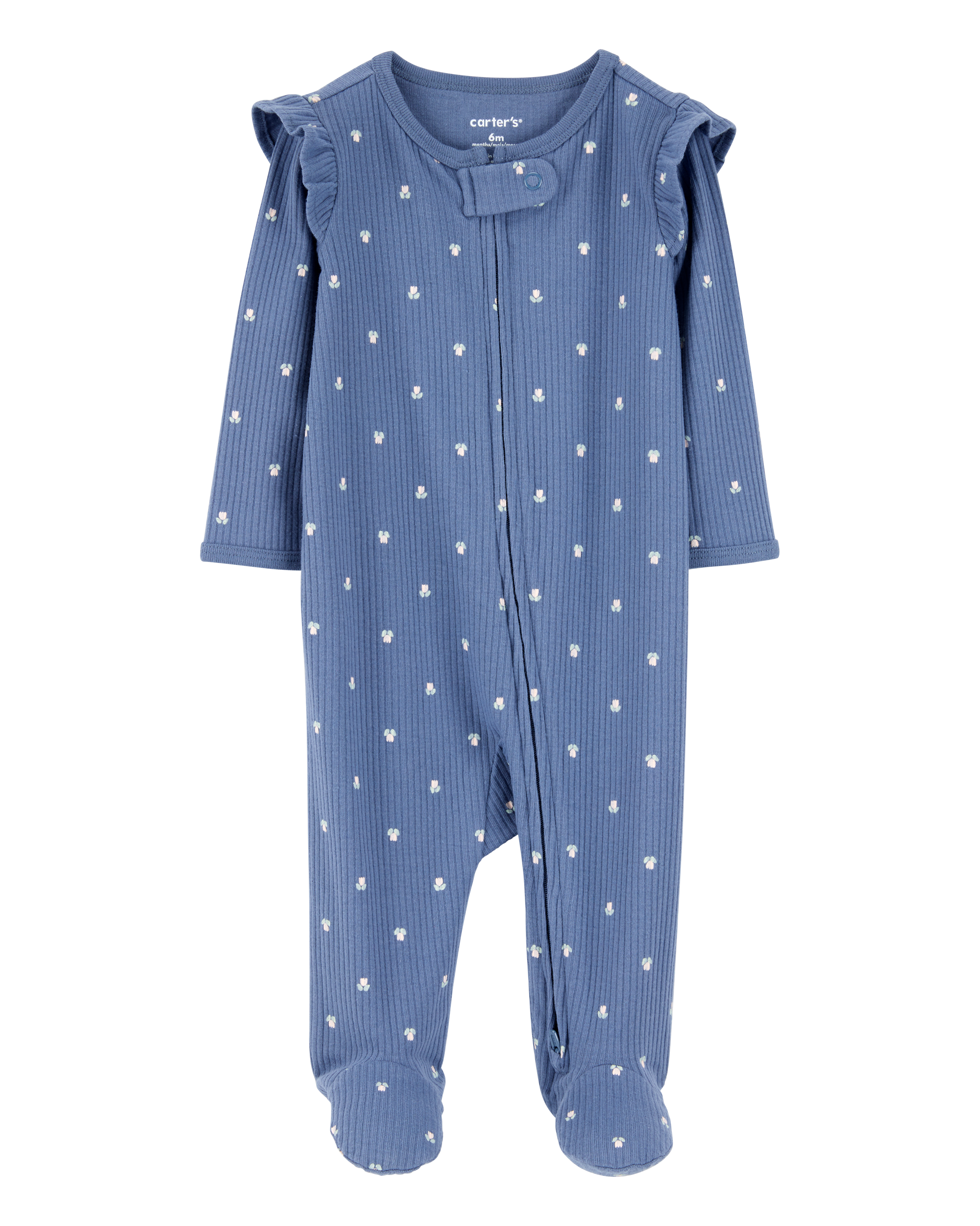 Baby Girl Mini Floral 2-Way Zip Ribbed Sleep & Play Pajamas - Blue, image 1 of 2 slides