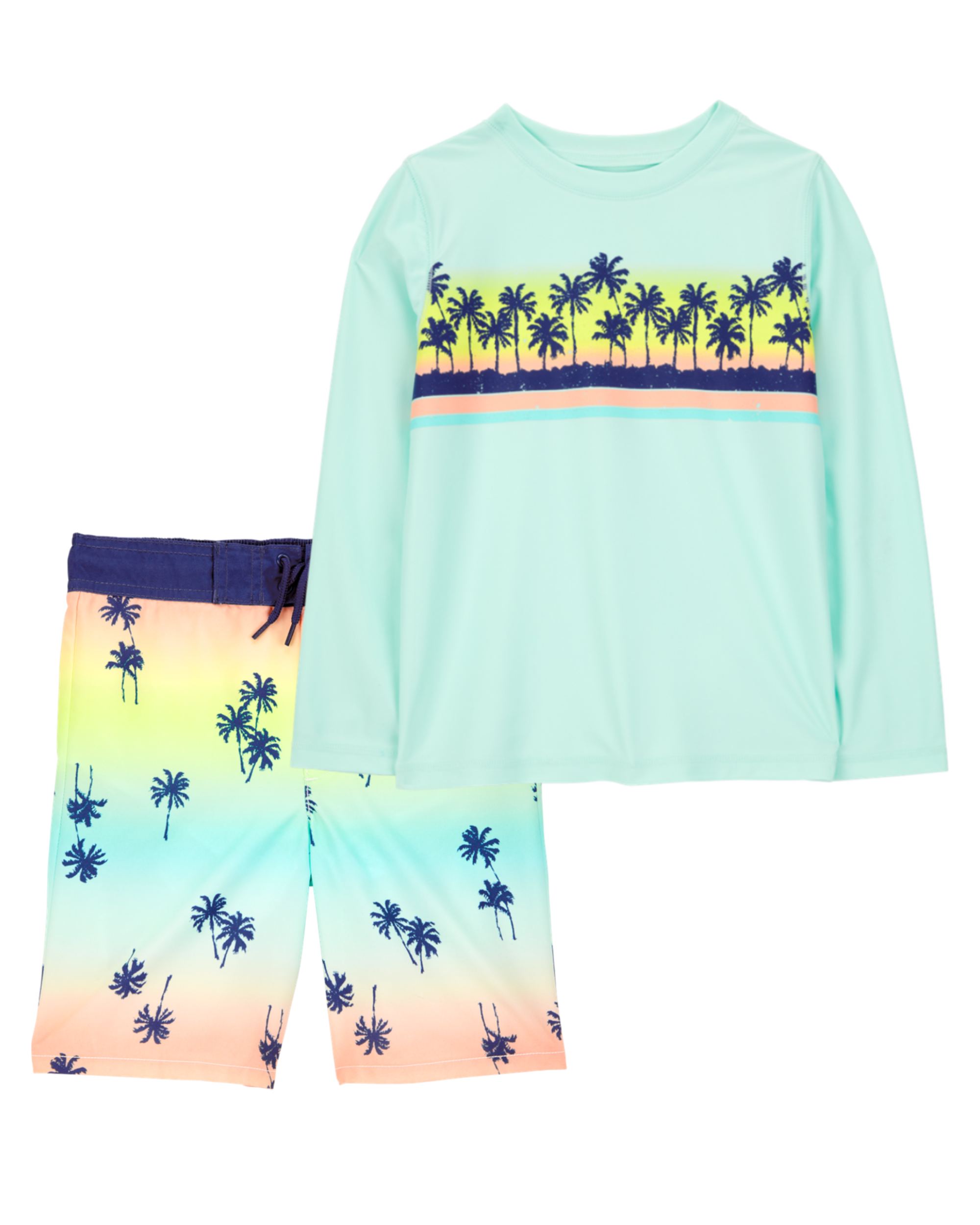 Kid 2-Piece Palm Tree Rashguard & Swim Trunk Set, image 1 of 6 slides