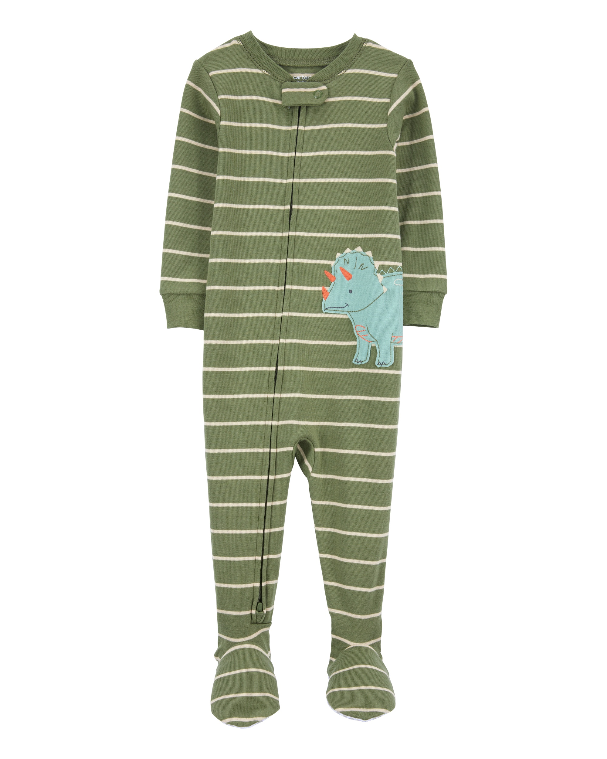 Baby Boy Dinosaur Striped Snug Fit Cotton Footie 1-Piece Pajamas - Green, image 1 of 4 slides