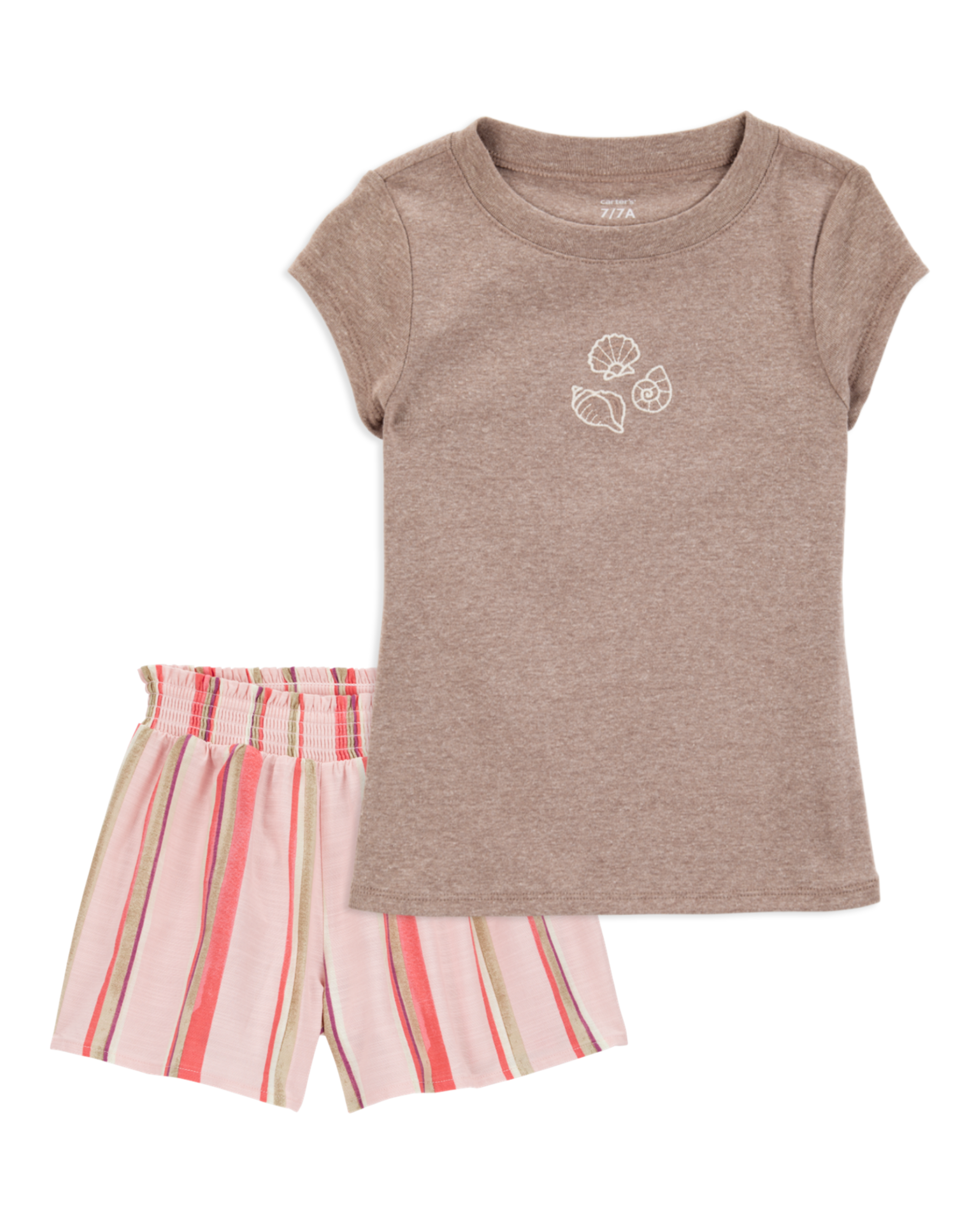 Kid 2-Piece Seashell Graphic Tee & Striped Linen Look-Alike Flowy Pull-On Shorts Set
, image 1 of 7 slides