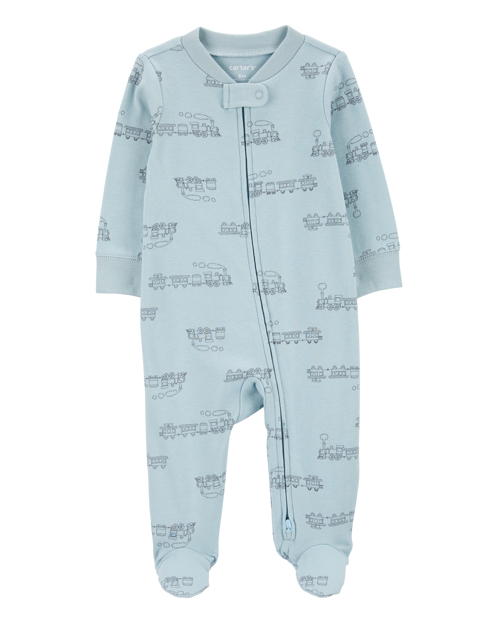 Baby Boy Train 2-Way Zip Sleep & Play Pajamas - Blue, image 1 of 3 slides