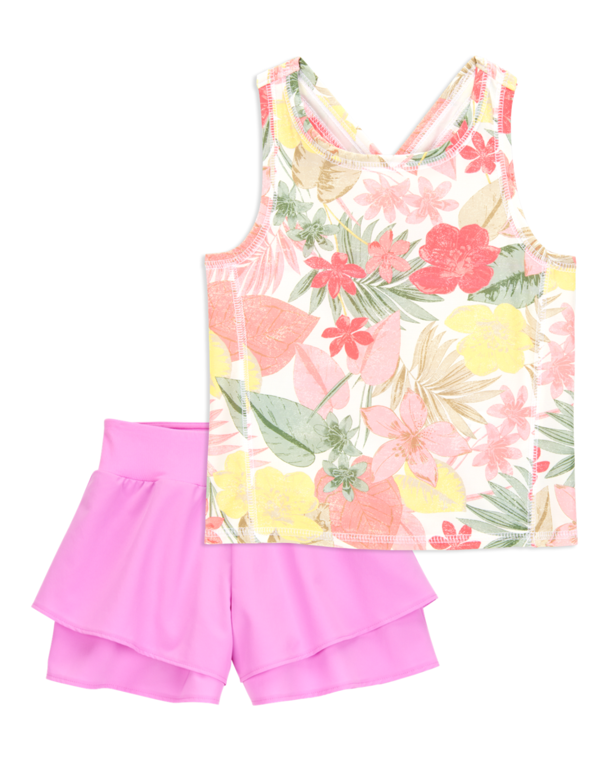 Kid 2-Piece Floral Active Racerback Tank & Flowy Layered Flip Short Set - Pink/Yellow, image 1 of 8 slides