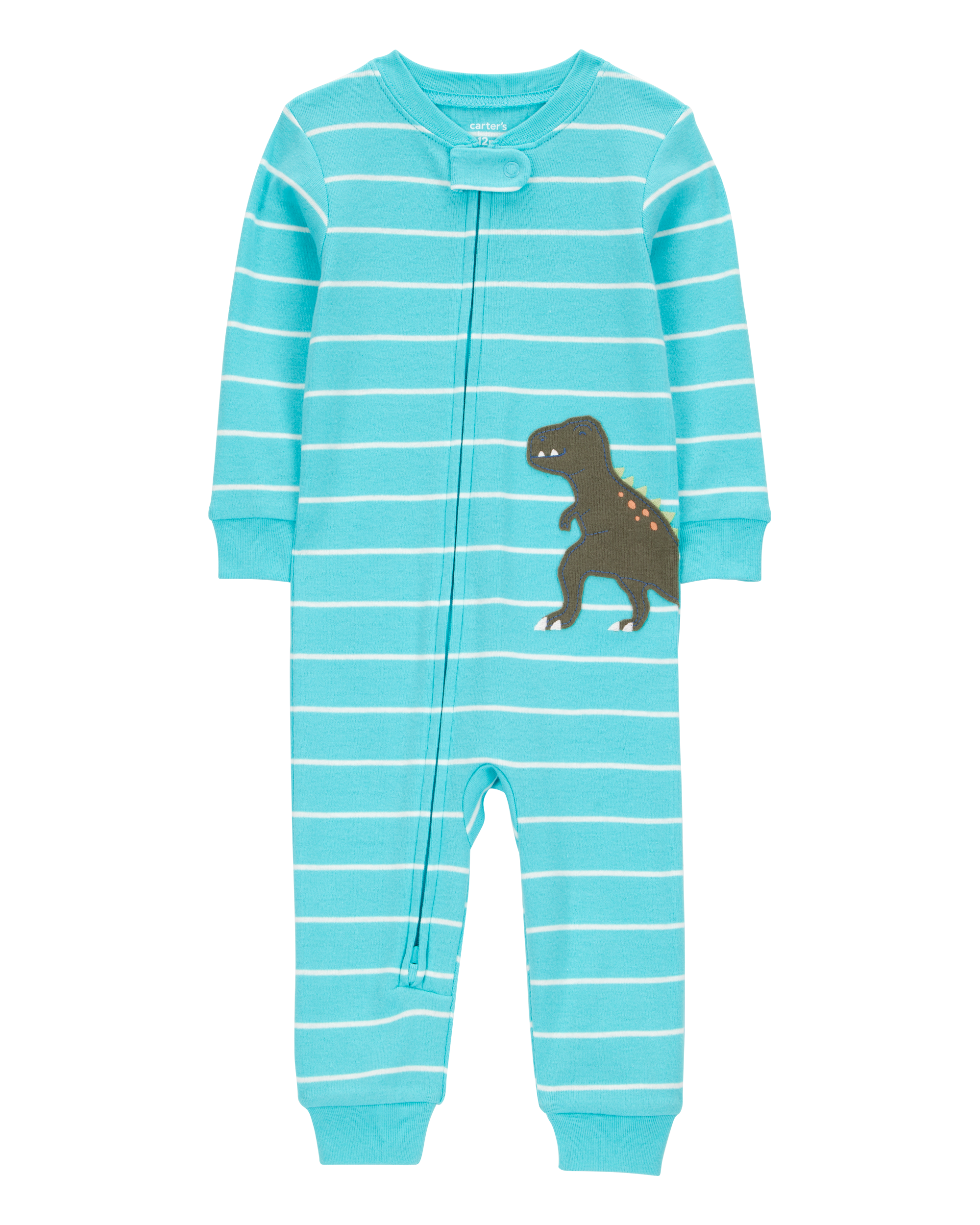 Baby Boy 1-Piece Striped Dinosaur 100% Snug Fit Cotton Footless Pajamas - Turquoise, image 1 of 3 slides