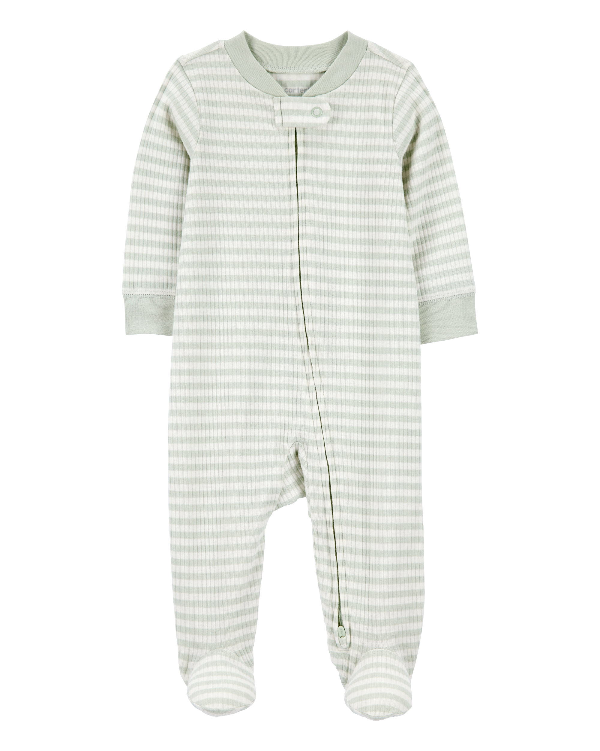 Baby Boy Striped 2-Way Zip Ribbed Sleep & Play Pajamas - Green/White, image 1 of 4 slides
