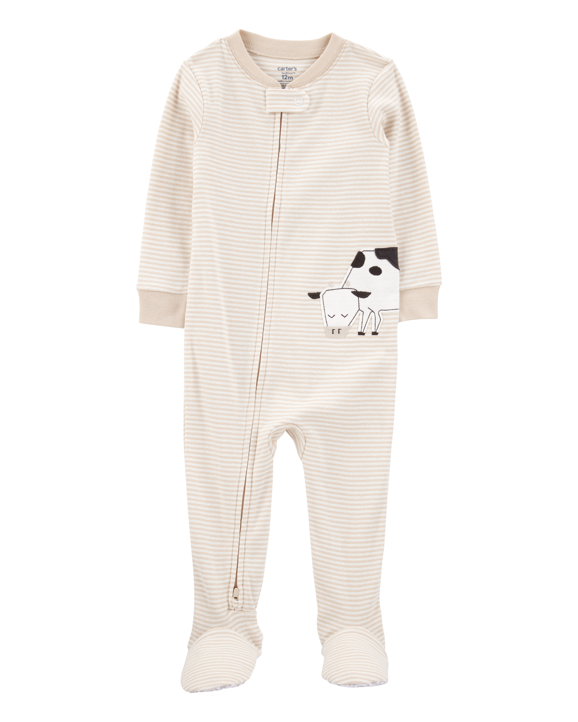 Baby Boy Cow Striped Snug Fit Cotton Footie 1-Piece Pajamas - Tan, image 1 of 4 slides
