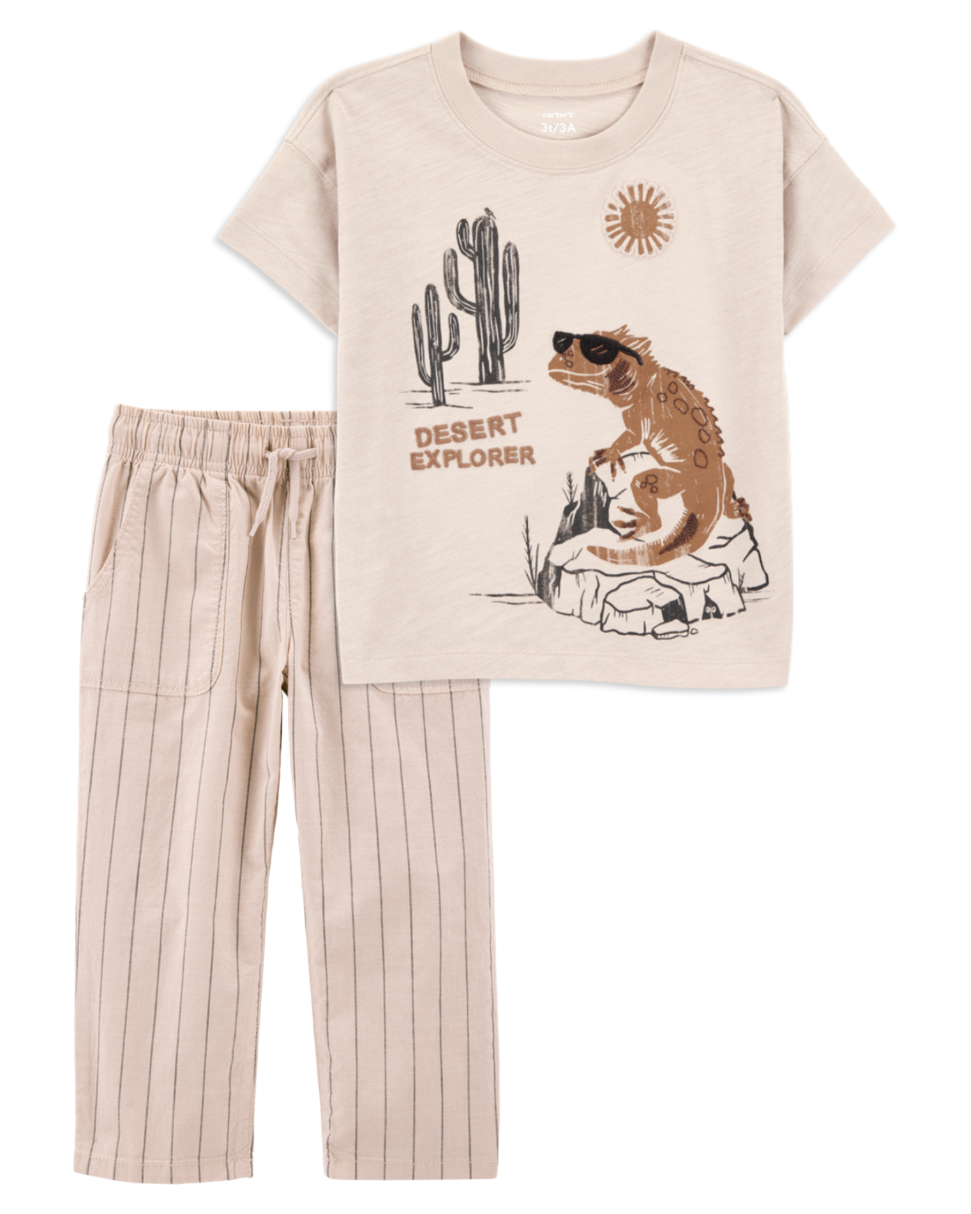Toddler 2-Piece Desert Lizard Graphic Tee & Striped Pants Set - Ivory/Tan, image 1 of 9 slides