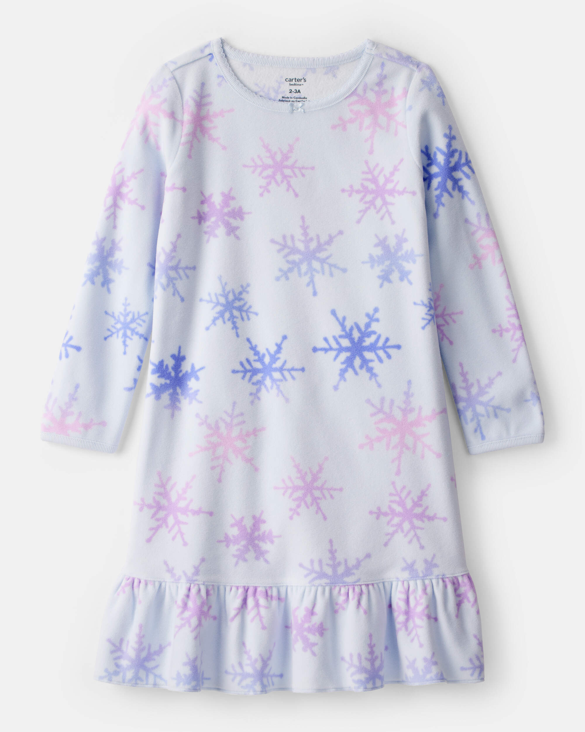 Girls Snowflake Print Fleece Long-Sleeve Loose Fit Night Gown - Blue, image 1 of 3 slides