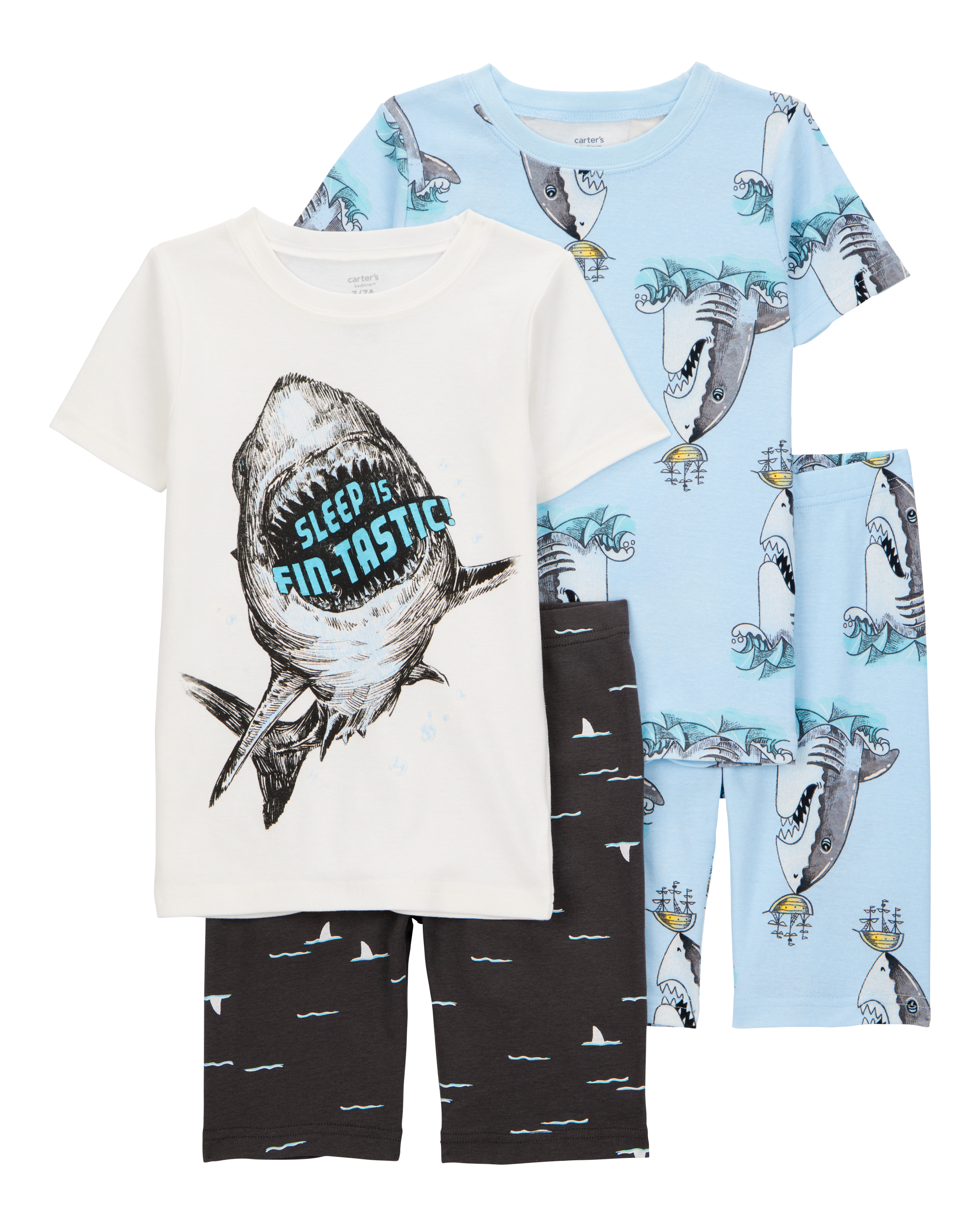 Kid Shark Print Snug Fit 4-Piece Pajamas, image 1 of 4 slides