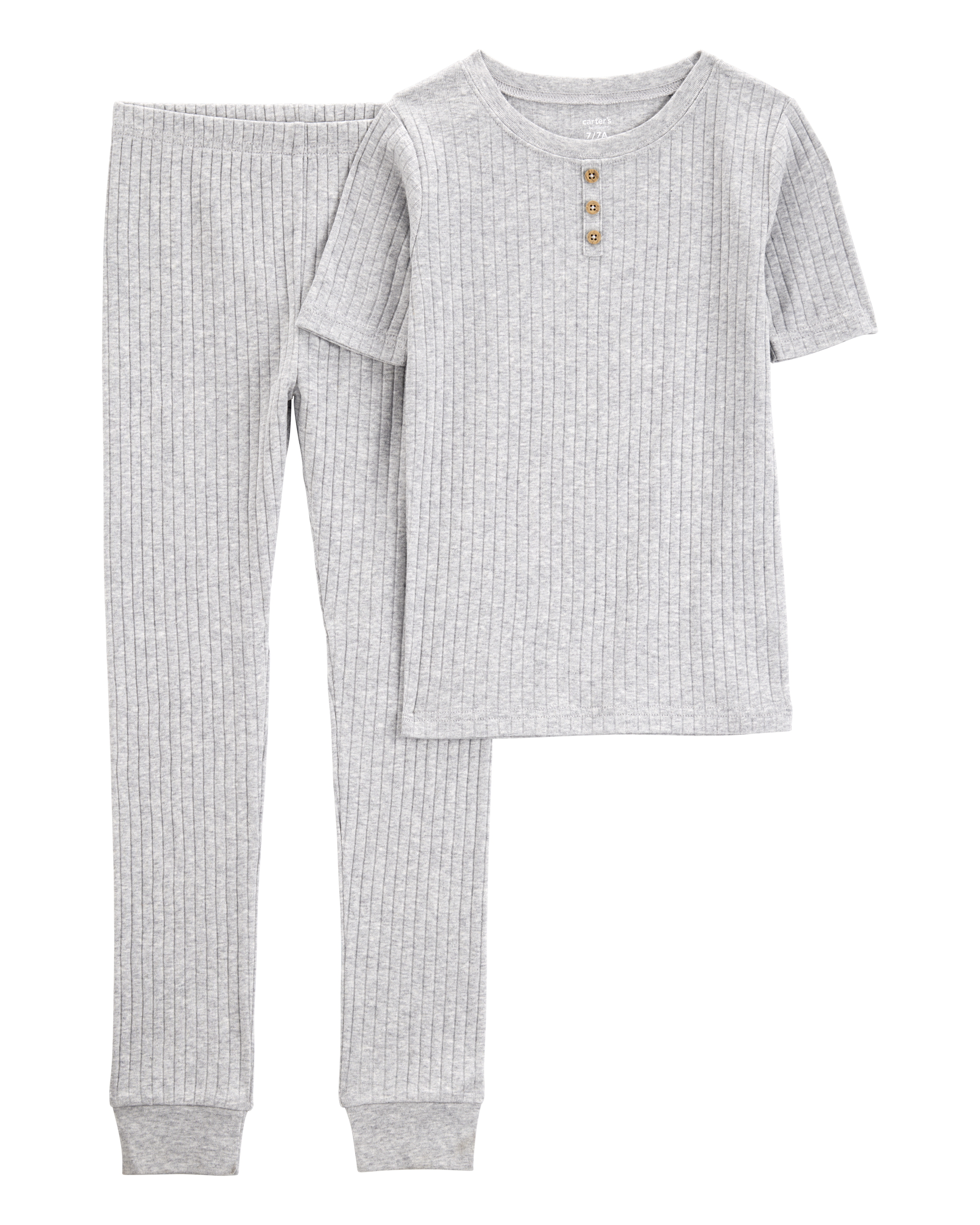 Kid Solid Ribbed Cotton Blend 2-Piece Pajamas - Grey, image 1 of 3 slides