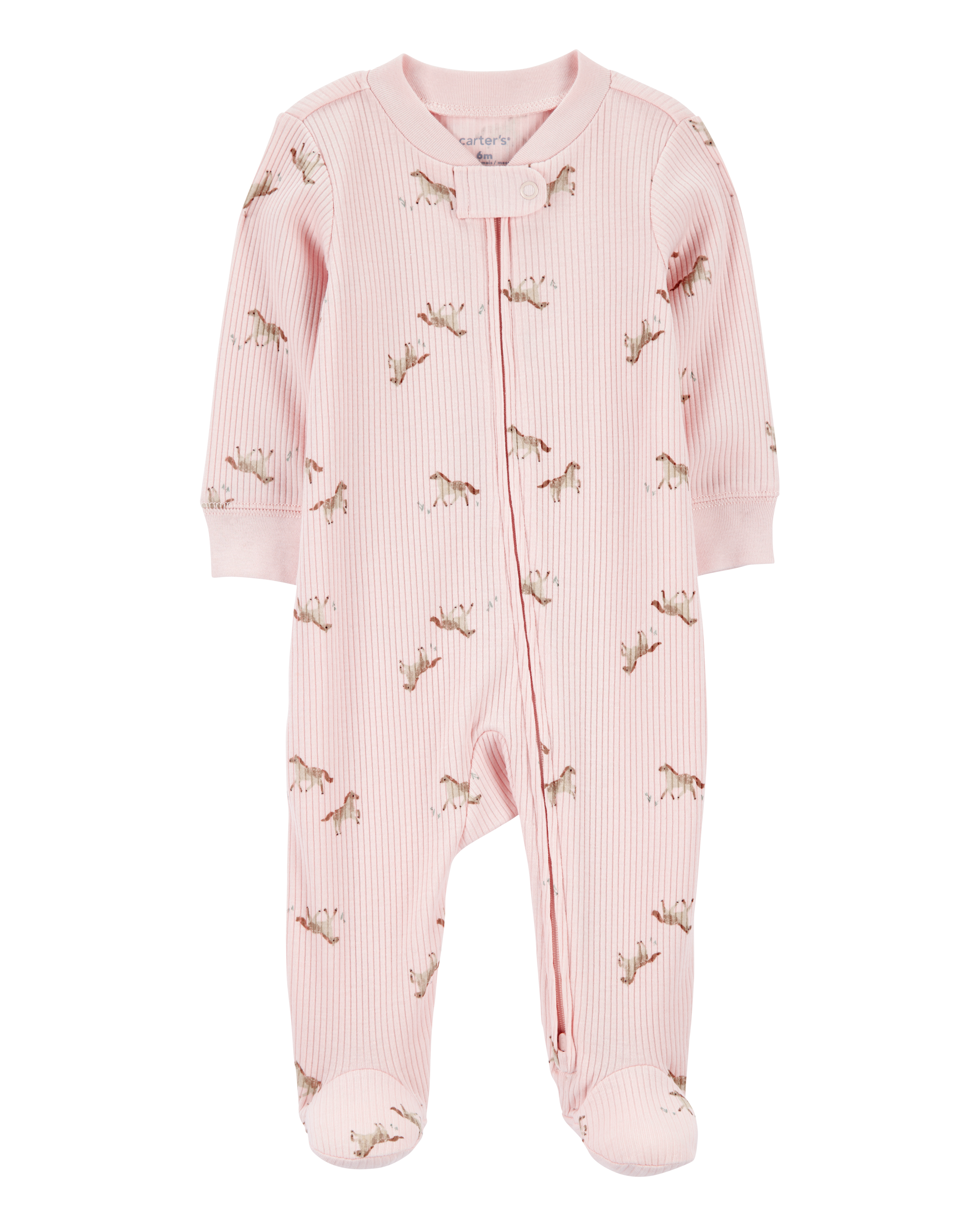 Baby Girl Horse Print 2-Way Zip Ribbed Sleep & Play Pajamas - Pink, image 1 of 3 slides