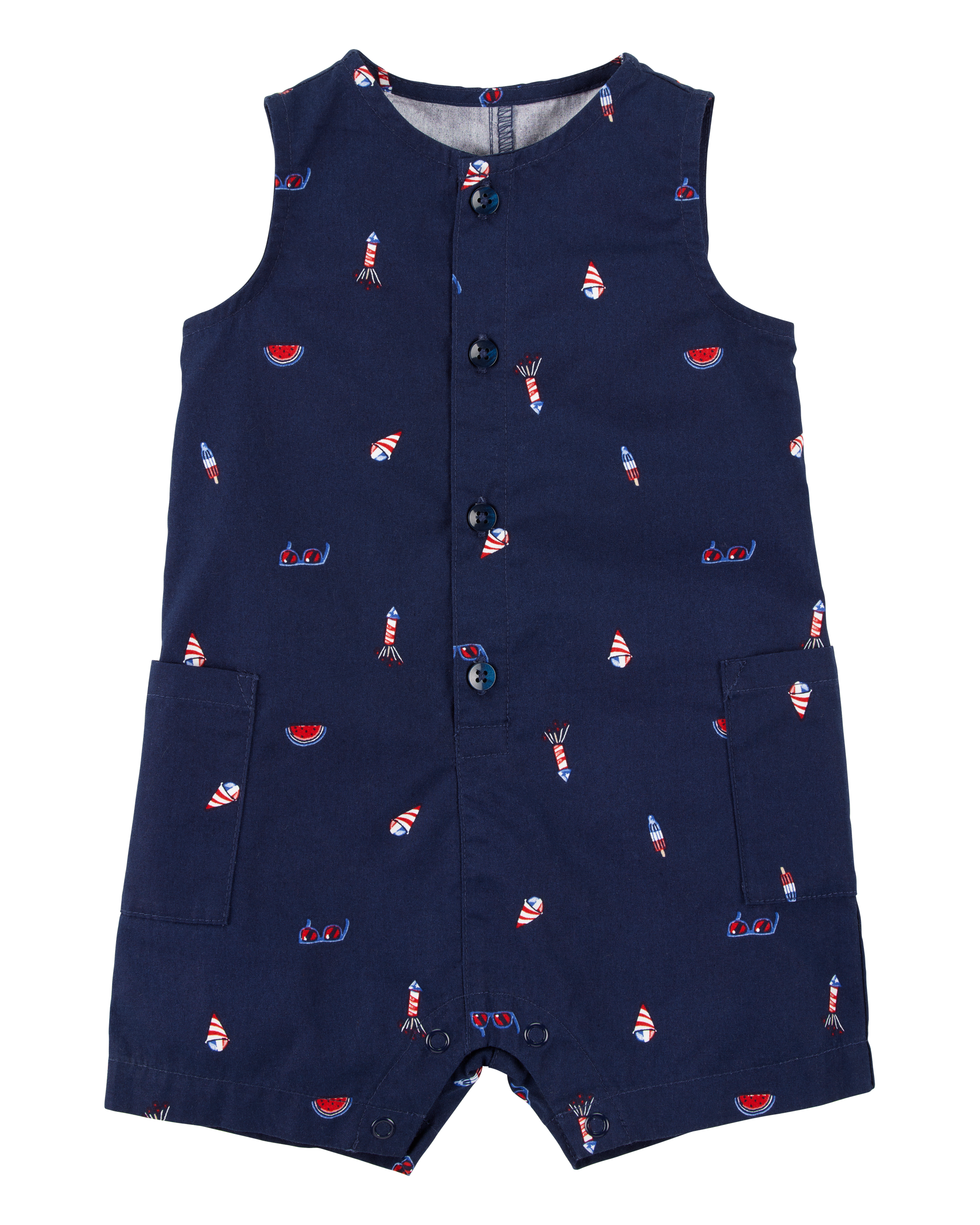 Baby 4th Of July Button-Down Romper, image 1 of 4 slides