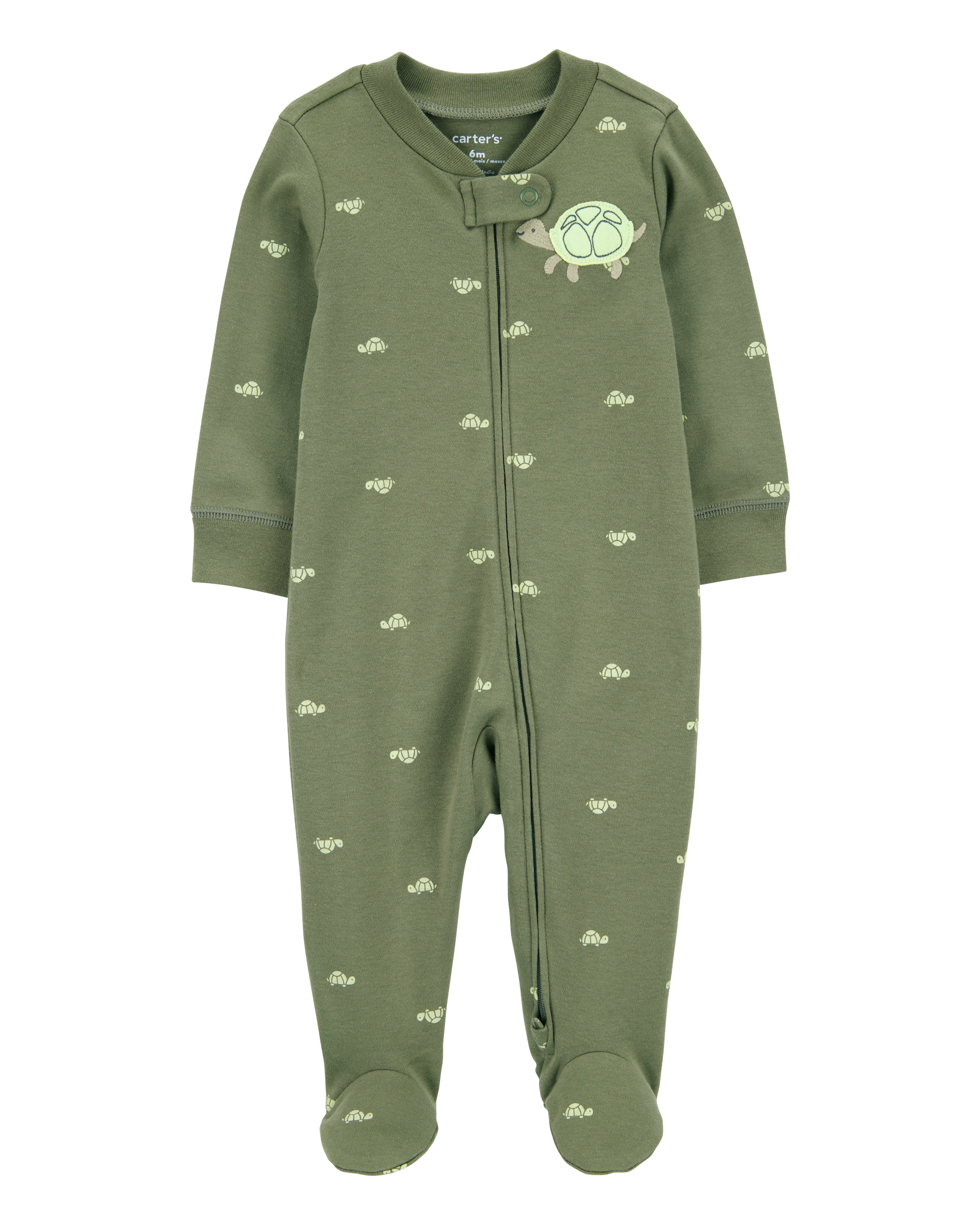 Baby Boy Turtle Print 2-Way Zip Cotton Sleep & Play Pajamas - Green, image 1 of 3 slides