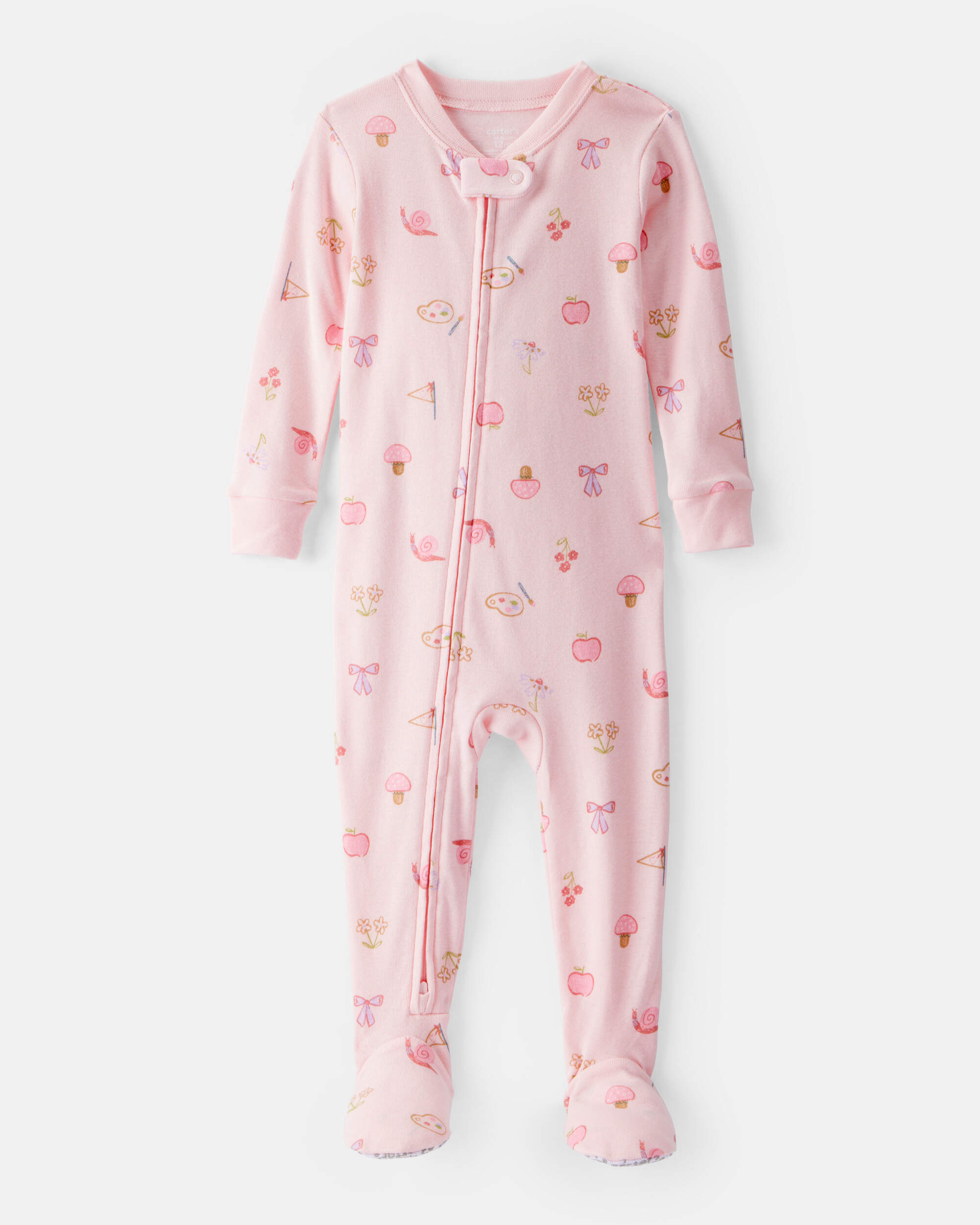Toddler Girl Paint Floral 100% Cotton Long-Sleeve 2-Way Zip 1-Piece Pajamas - Pink, image 1 of 3 slides