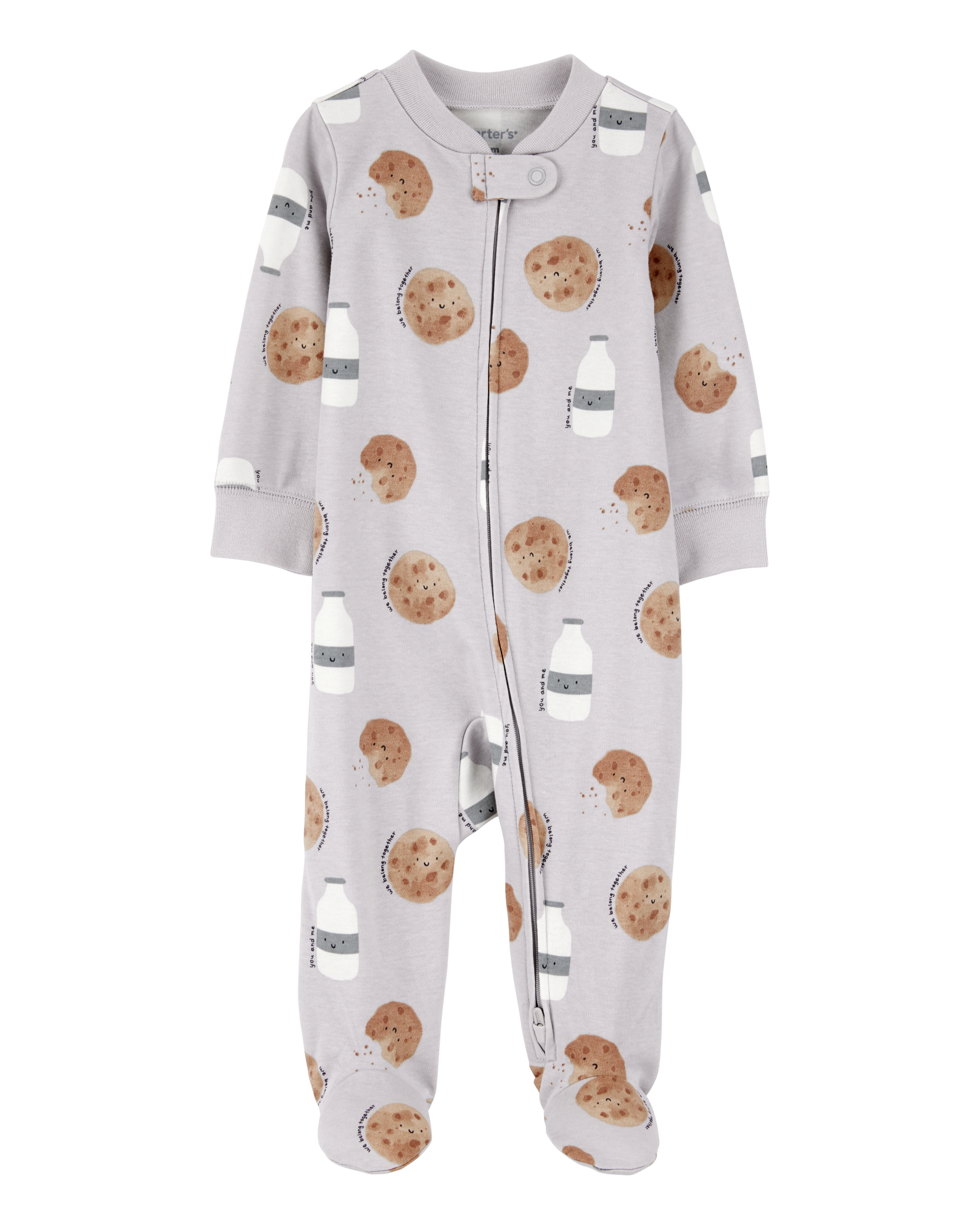 Baby Milk & Cookies 2-Way Zip Cotton Sleep & Play Pajamas - Grey, image 1 of 3 slides