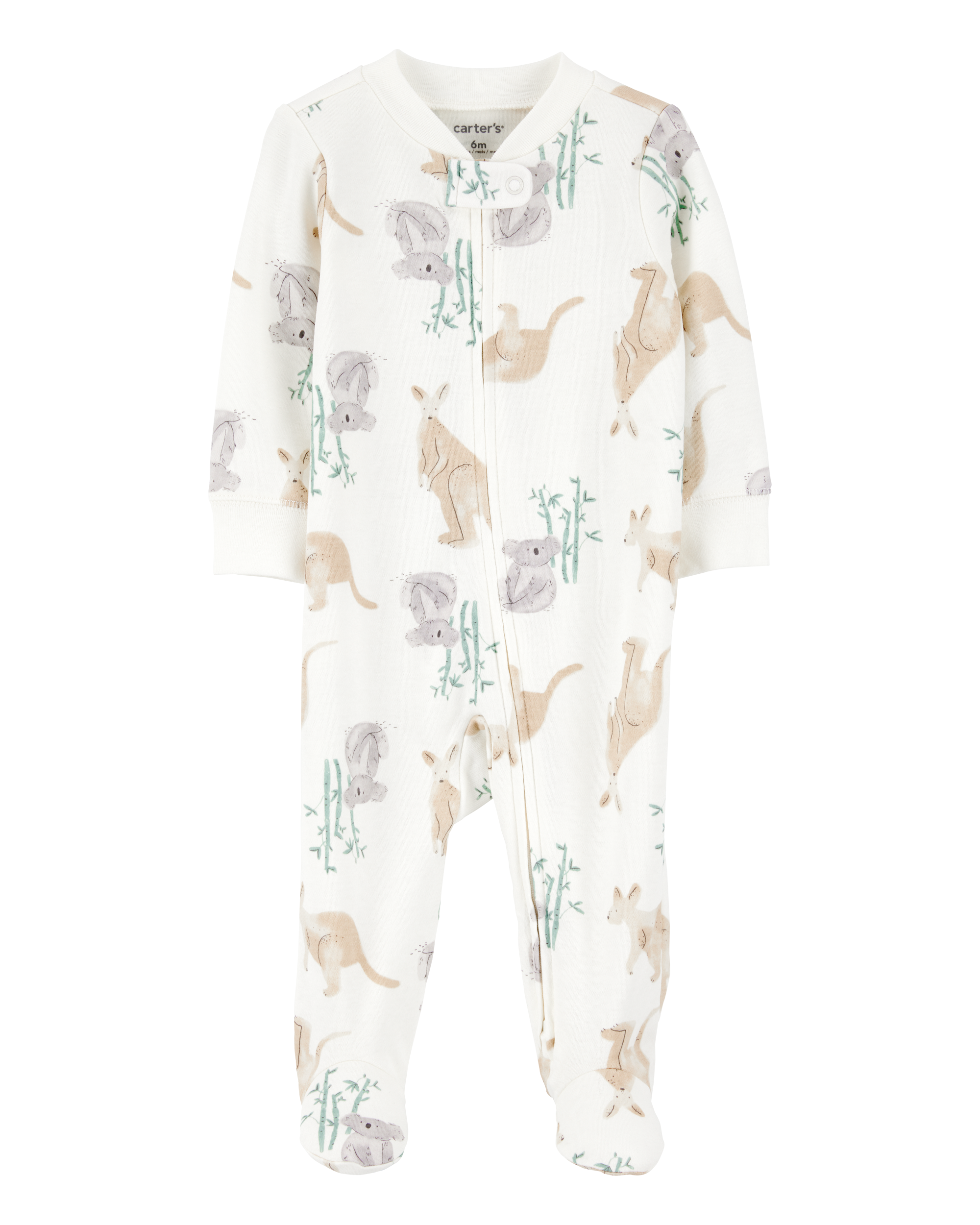 Baby Girl Kangaroo 2-Way Zip Cotton Sleep & Play Pajamas - Ivory, image 1 of 3 slides