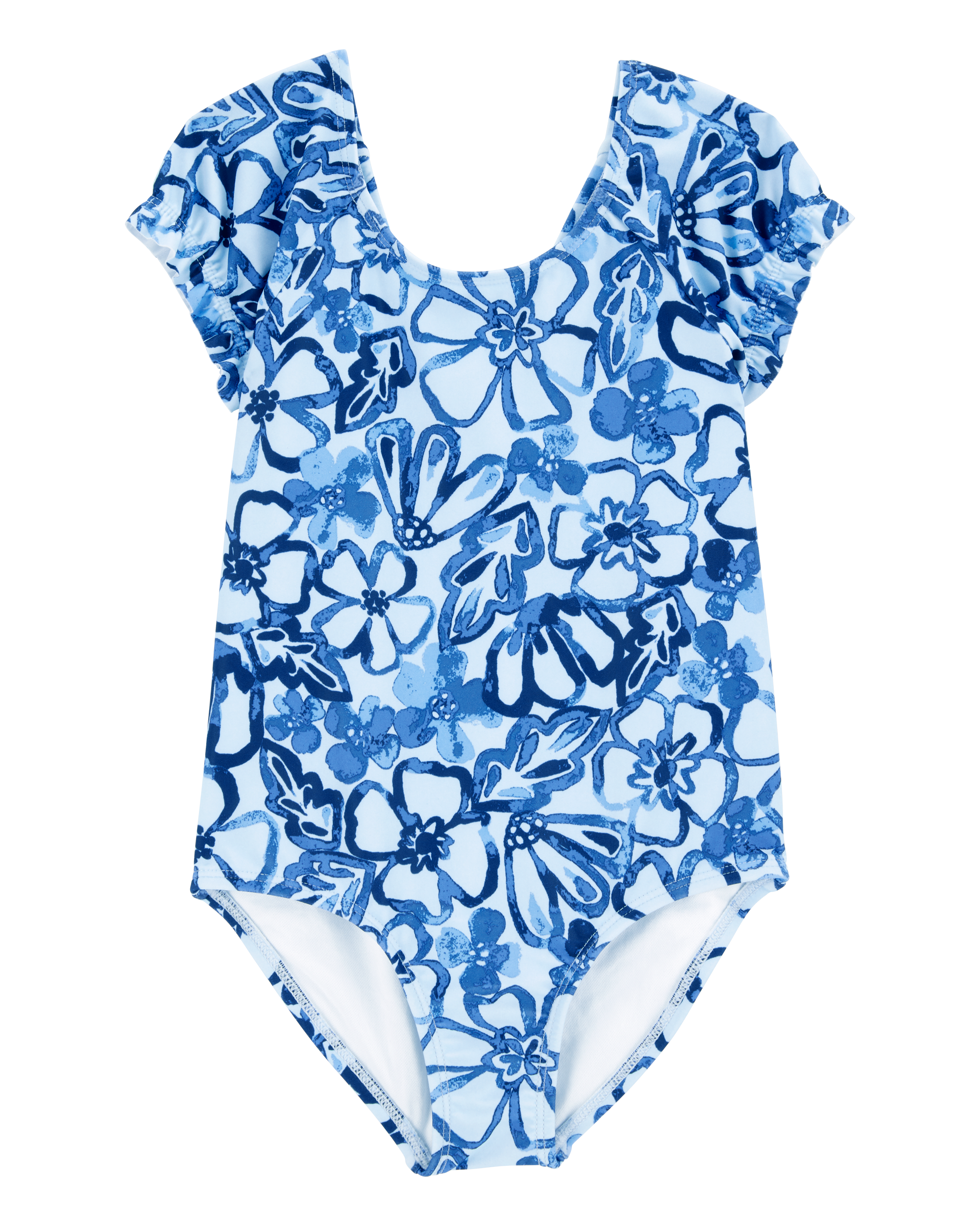 Toddler Girl 1-Piece Floral Swimsuit - Blue, image 1 of 4 slides