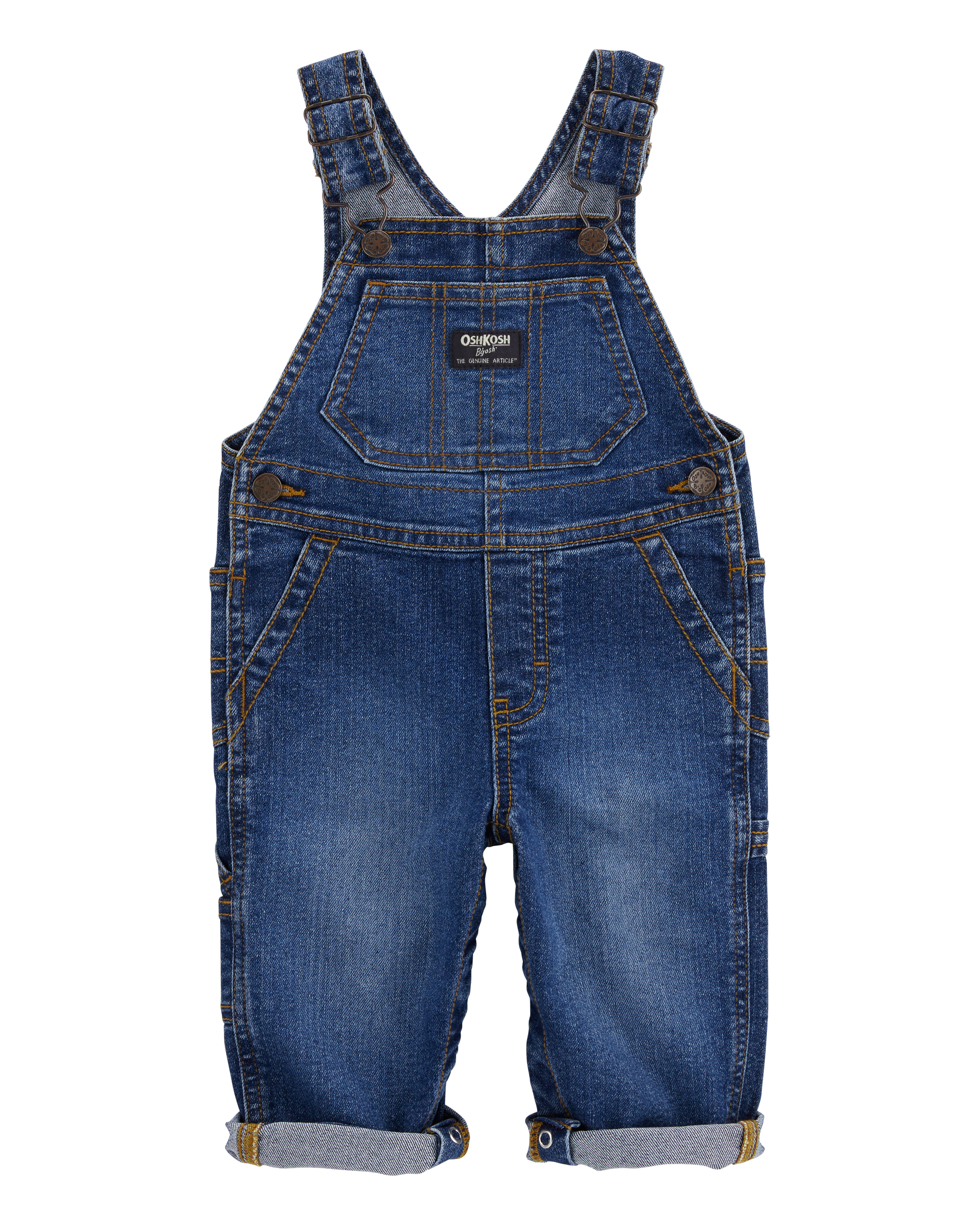 Baby Neutral Stretch Denim Classic Overalls - Dark Wash, image 1 of 5 slides
