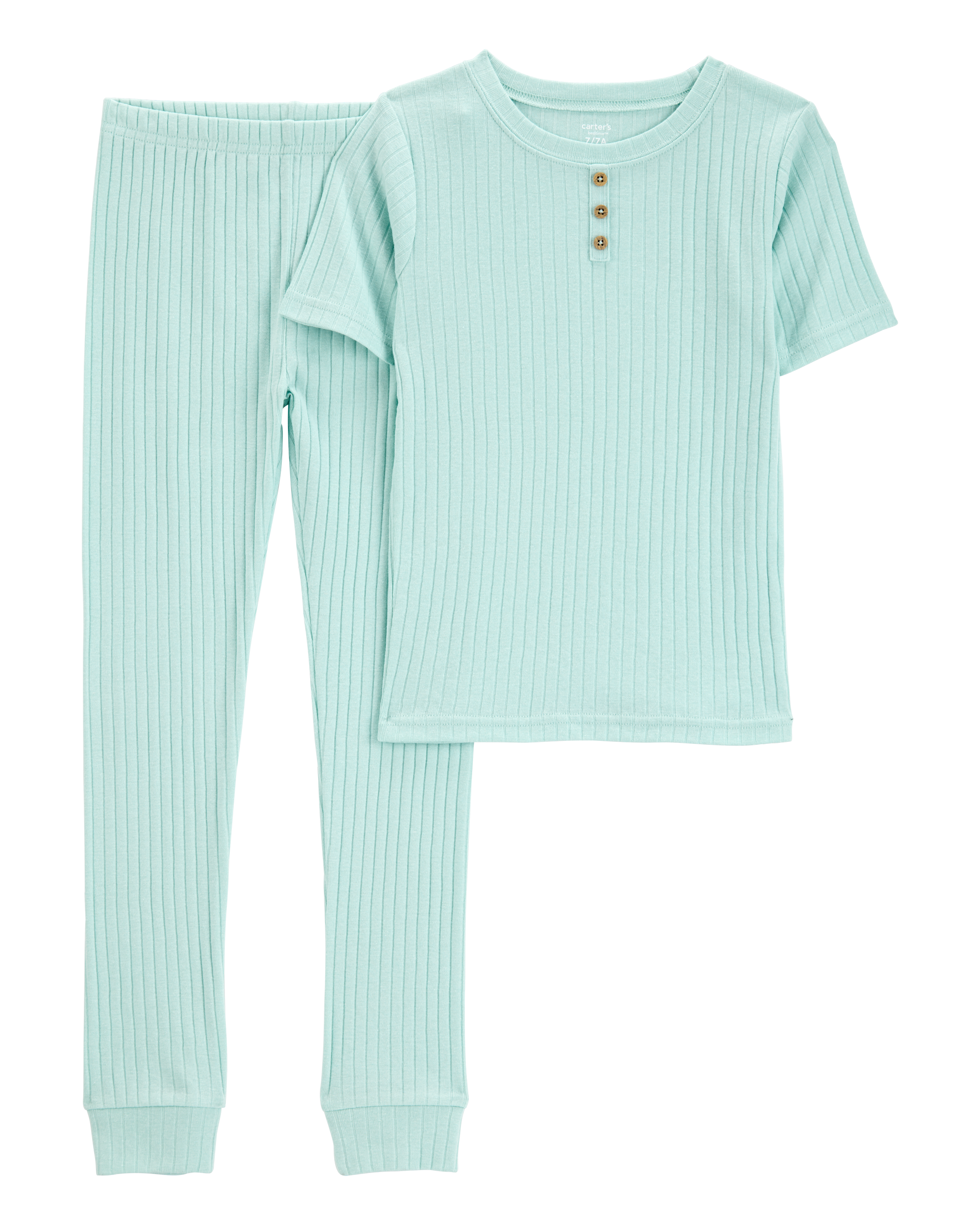 Kid Solid Ribbed Cotton Blend 2-Piece Pajamas - Teal, image 1 of 3 slides